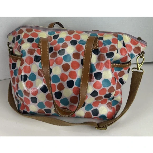 *Flawed Fossil Multicolor Geo Dot Print Coated Satchel Tote Bag Zip Top w/ Strap - Picture 9 of 16